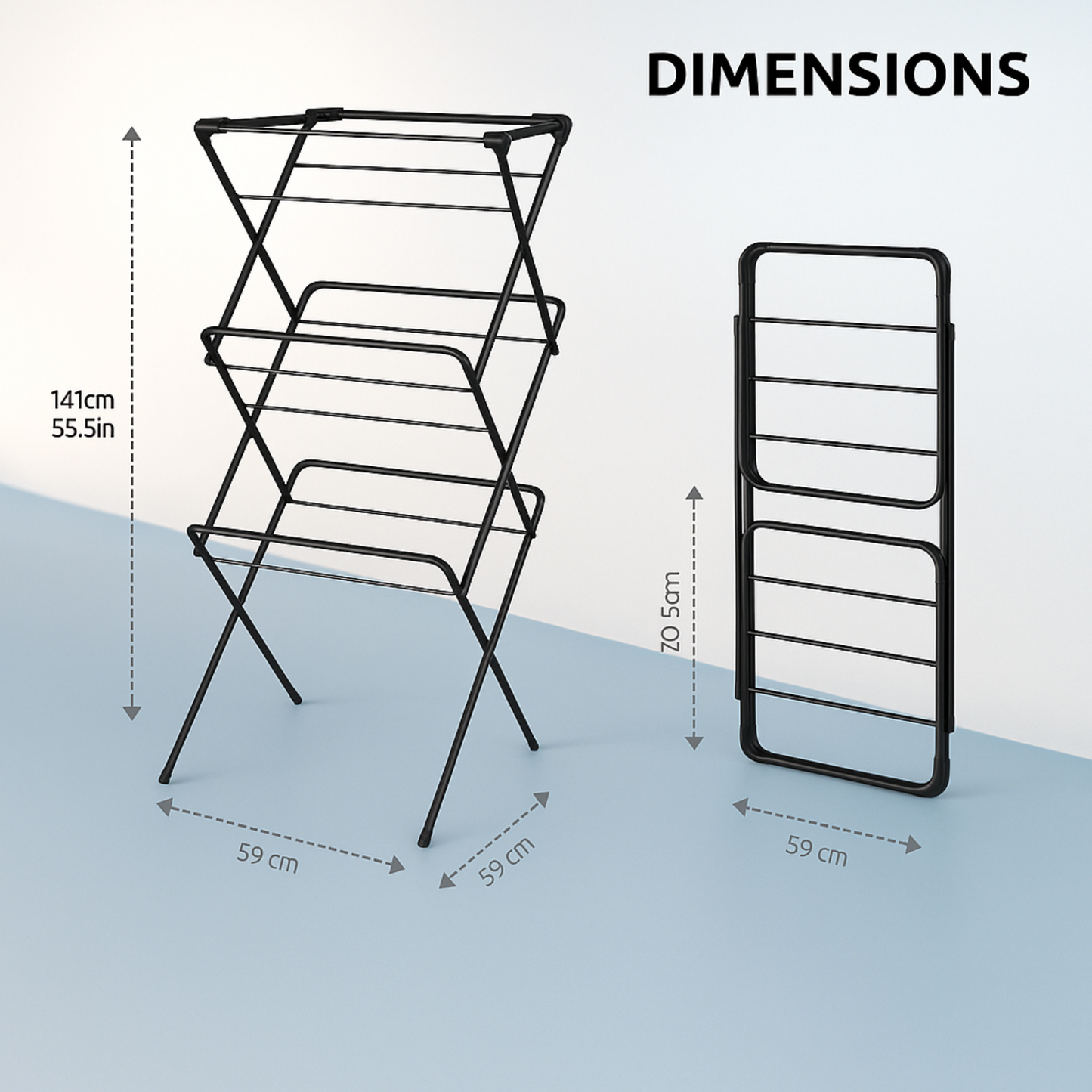 VIROSA 3 Tier Clothes Airer Drying Rack – Foldable Indoor & Outdoor Laundry Stand with Non-Slip Feet & Hanger Corners – Lightweight Space-Saving Design – 63 x 46 x 138cm – Black