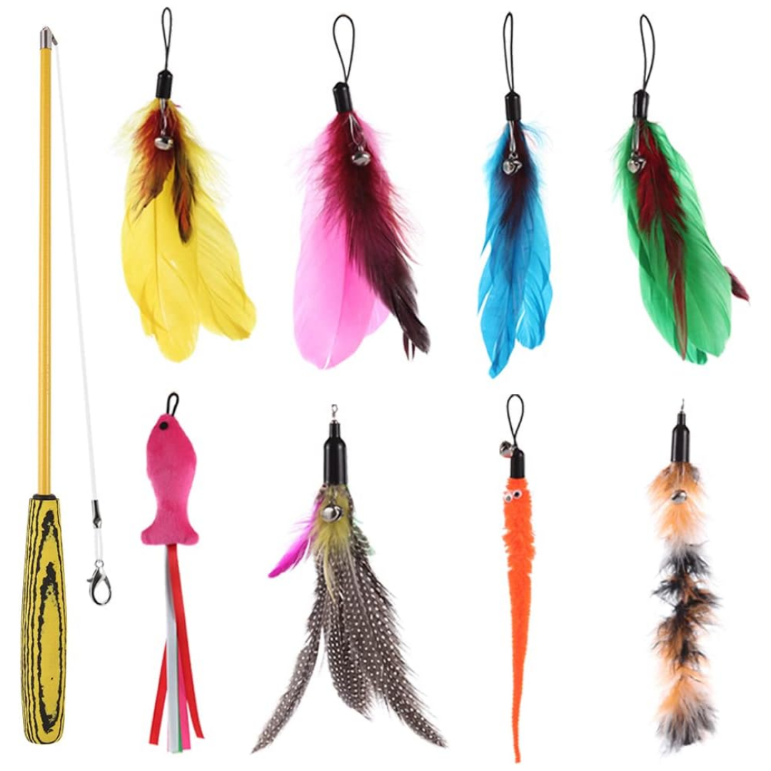 VIROSA Cat Feather Toys – Retractable Teaser Wand with 8 Refills & 2 Spare Hooks – Interactive Toy for Indoor Cats & Kittens – Fun Exercise, Hunting Play & Bonding Activity