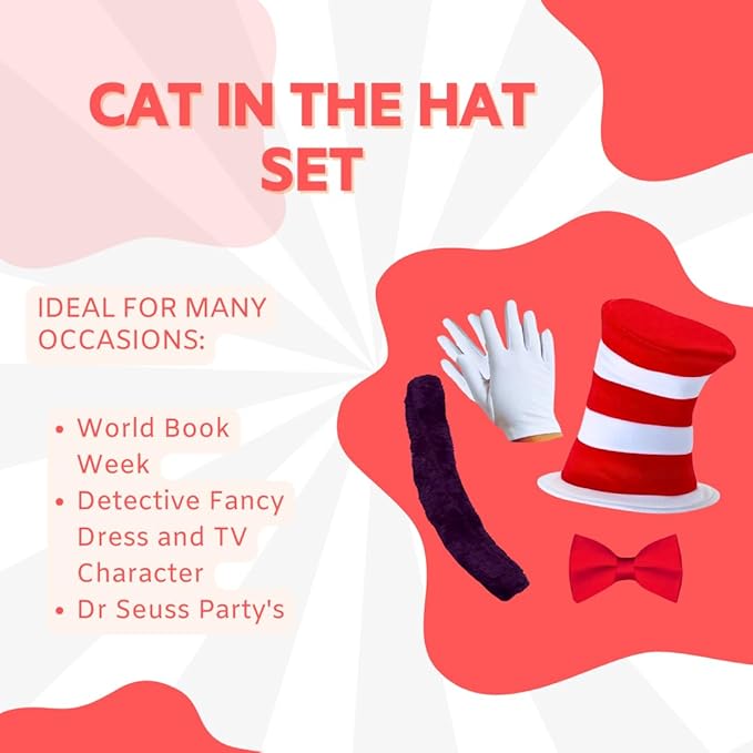 VIROSA Child Cat in the Hat 4-Piece Fancy Dress Set – Hat + Bow Tie + Gloves + Tail | Kids World Book Week, Halloween, Costume Party Accessory