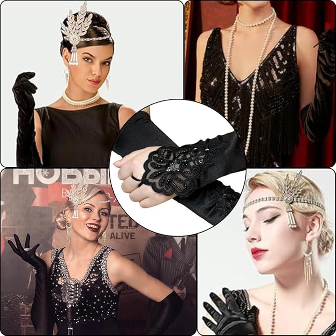 VIROSA 1920s Flapper Costume Set for Women – Gatsby 5-Piece Kit with Feather Headband, Satin Gloves, Pearl Necklace, Earrings & Cigarette Holder – Charleston Fancy Dress Outfit