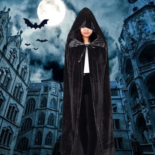 Unisex Value Black Velvet Style Hooded Cape - Adult/Kids Fancy Dress Costume for Halloween and Parties