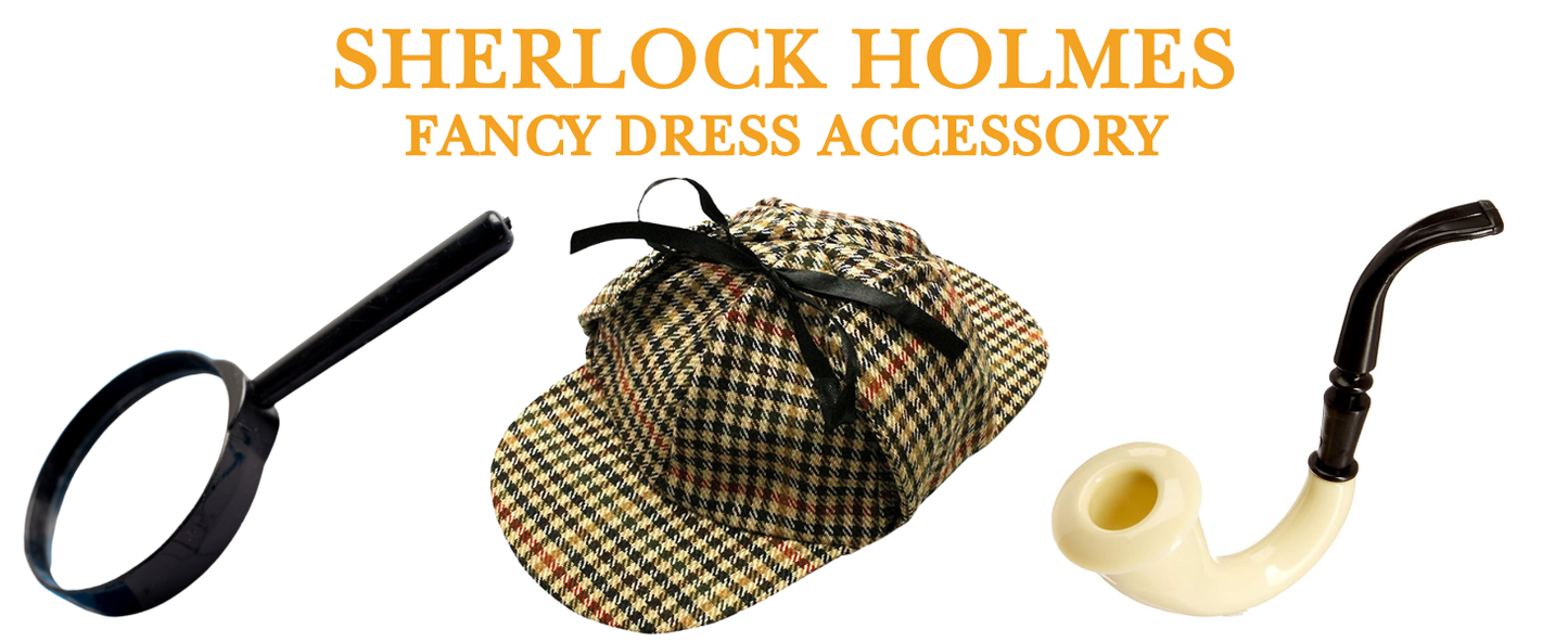 VIROSA Sherlock Holmes Fancy Dress 3pc Accessory Set – Deerstalker Hat + Magnifying Glass + Victorian Style Pipe – Detective Costume Kit for Adults or Kids