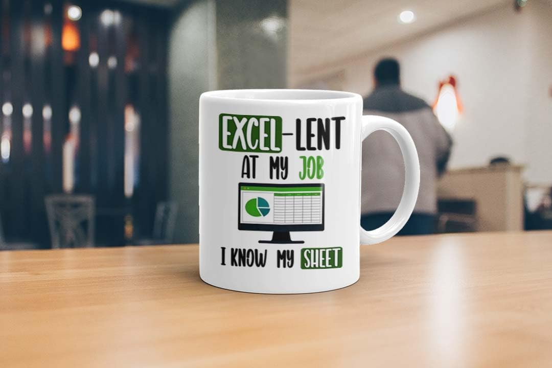 VIROSA Funny Work Mug – Excel-Lent at My Job, Know My Sheet – Gift for Coworkers, Boss, Accountant, Data Analyst or Office Nerd – Spreadsheet Joke – 11oz White Ceramic Coffee Cup