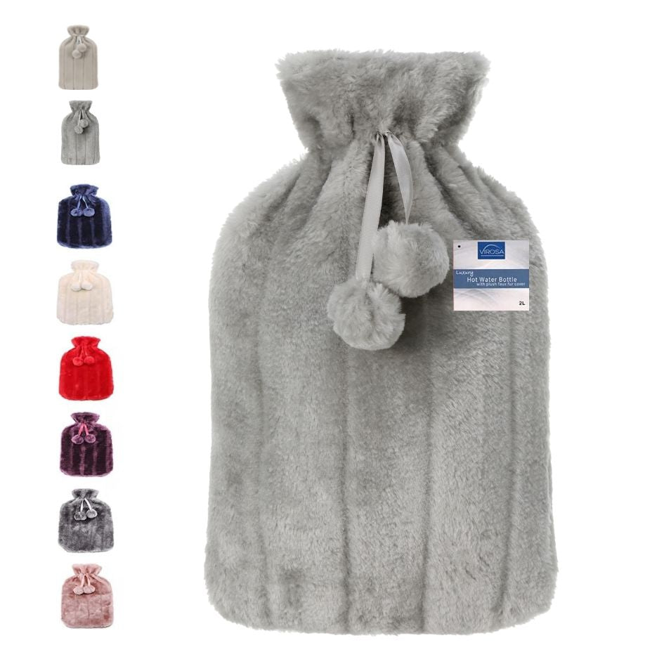 VIROSA 2L Hot Water Bottle with Soft Fluffy Cover – Pain Relief for Back, Neck, Cramps & Cold Nights (Light Grey)