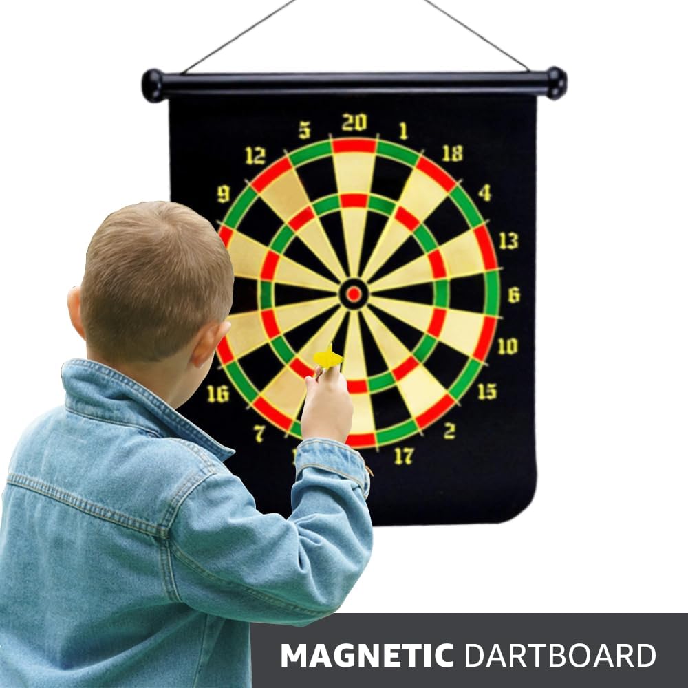 VIROSA Magnetic Safe Dartboard for Kids – 38cm/15" Hanging Roll-Up with 6 Darts | Double-Sided Indoor & Outdoor Game Set for Family Fun, Adults & Kids Gift