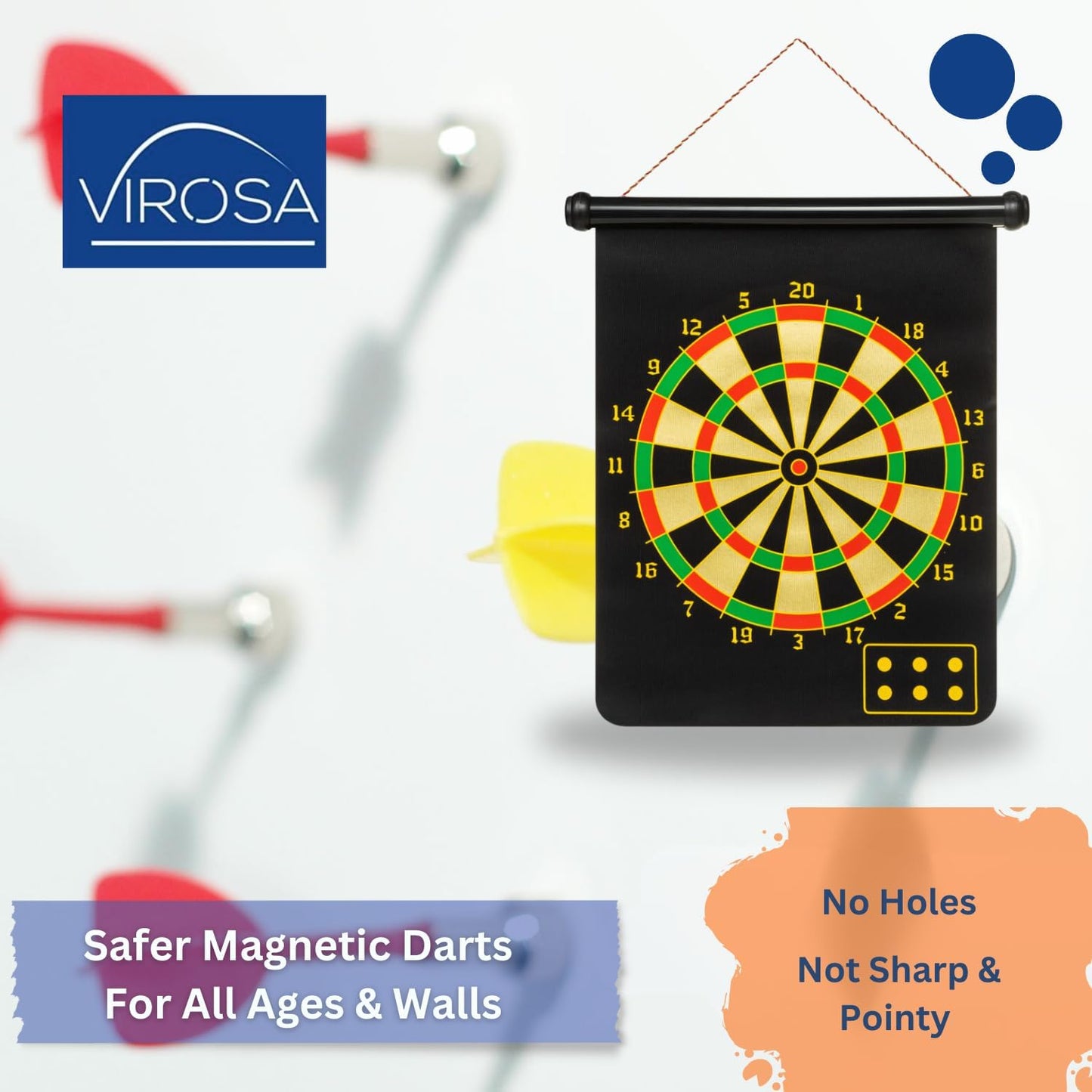 VIROSA Magnetic Safe Dartboard for Kids – 38cm/15" Hanging Roll-Up with 6 Darts | Double-Sided Indoor & Outdoor Game Set for Family Fun, Adults & Kids Gift