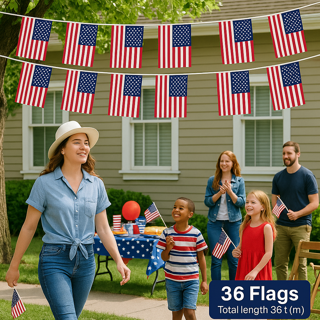 MEGA VALUE USA Flag Bunting – 36ft (11m) Long with 36 Flags – American Patriotic Banner for 4th of July, Independence Day, Memorial Day, Veterans Day, BBQs, Parties & Outdoor Decorations