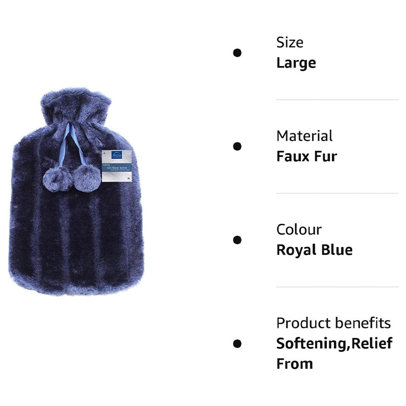 Hot Water Bottle with Cozy Royal Blue Fluffy Cover | Best for Relief from Back, Neck, and Leg Muscle Pain and Cramps