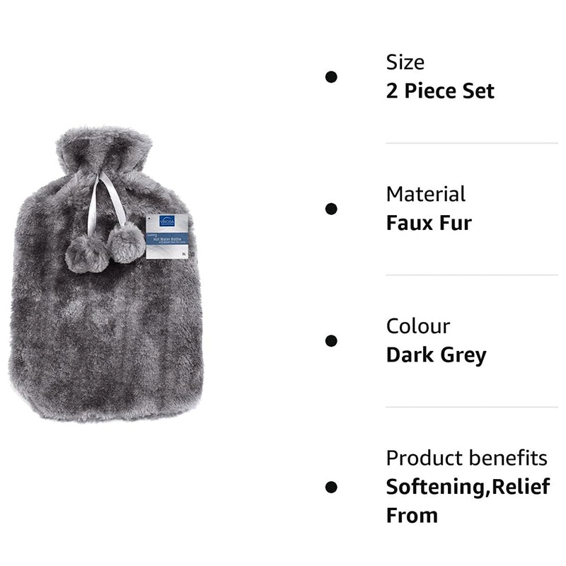 Large 2L Hot Water Bottle with Premium Cozy Fluffy Cover - Ideal for Relief from Muscle Pain and Cramps (Dark Grey)