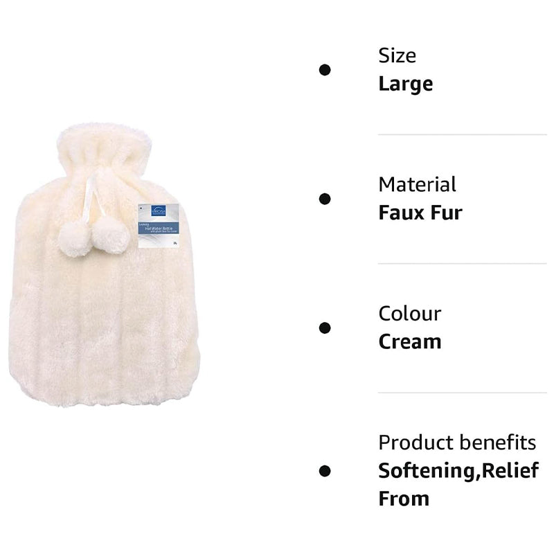 Premium Cozy Fluffy Hot Water Bottle | Large 2L Capacity | Relief from Pain & Cramps (Cream)