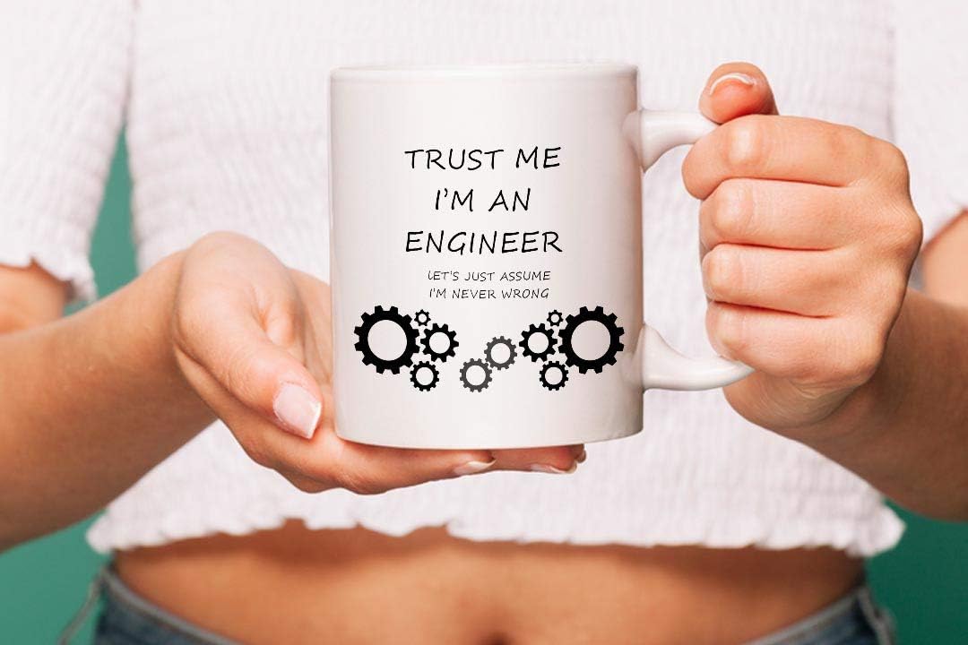 VIROSA Funny Engineer Mug – Trust Me I'm an Engineer, Let’s Just Assume I'm Never Wrong – Sarcastic Coffee Cup Gift – Christmas, Office, Graduation, Birthday – 11oz White Ceramic Mug