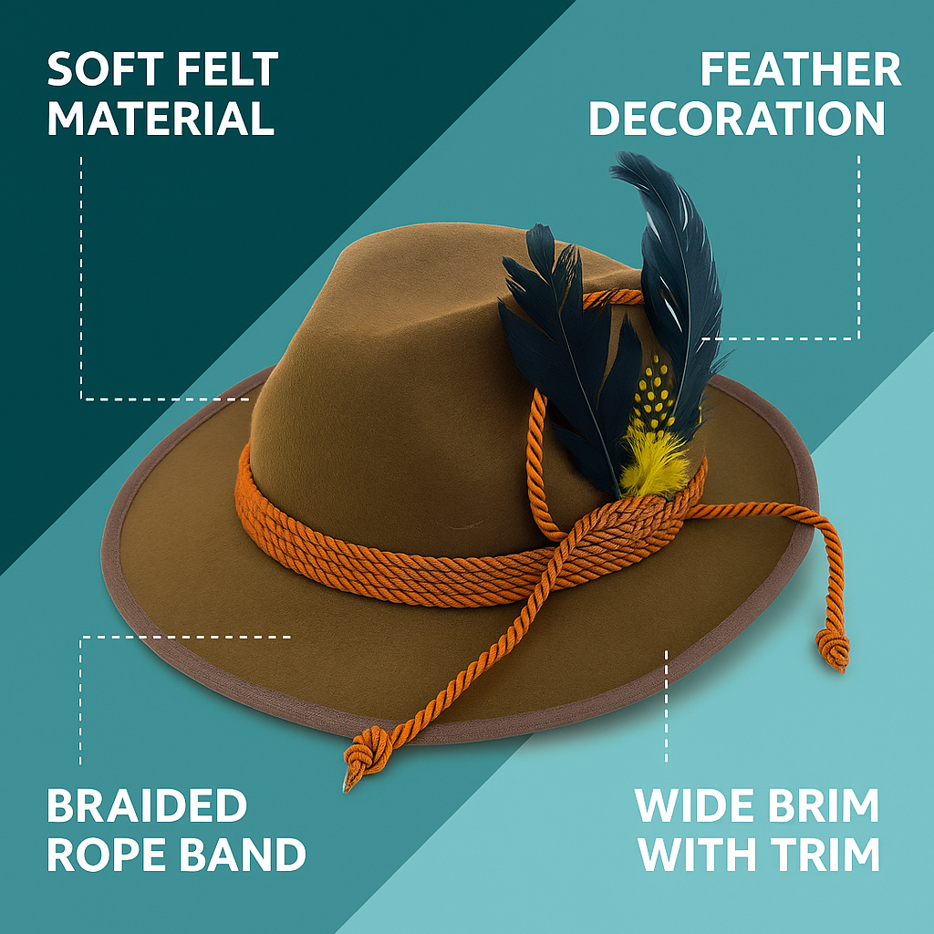 RKK Enterprise Limited Deluxe Oktoberfest Hat – Brown German Alpine Fedora with Feather – One Size – Ideal for Fancy Dress Accessory, Oktoberfest, World Book Week Outfit