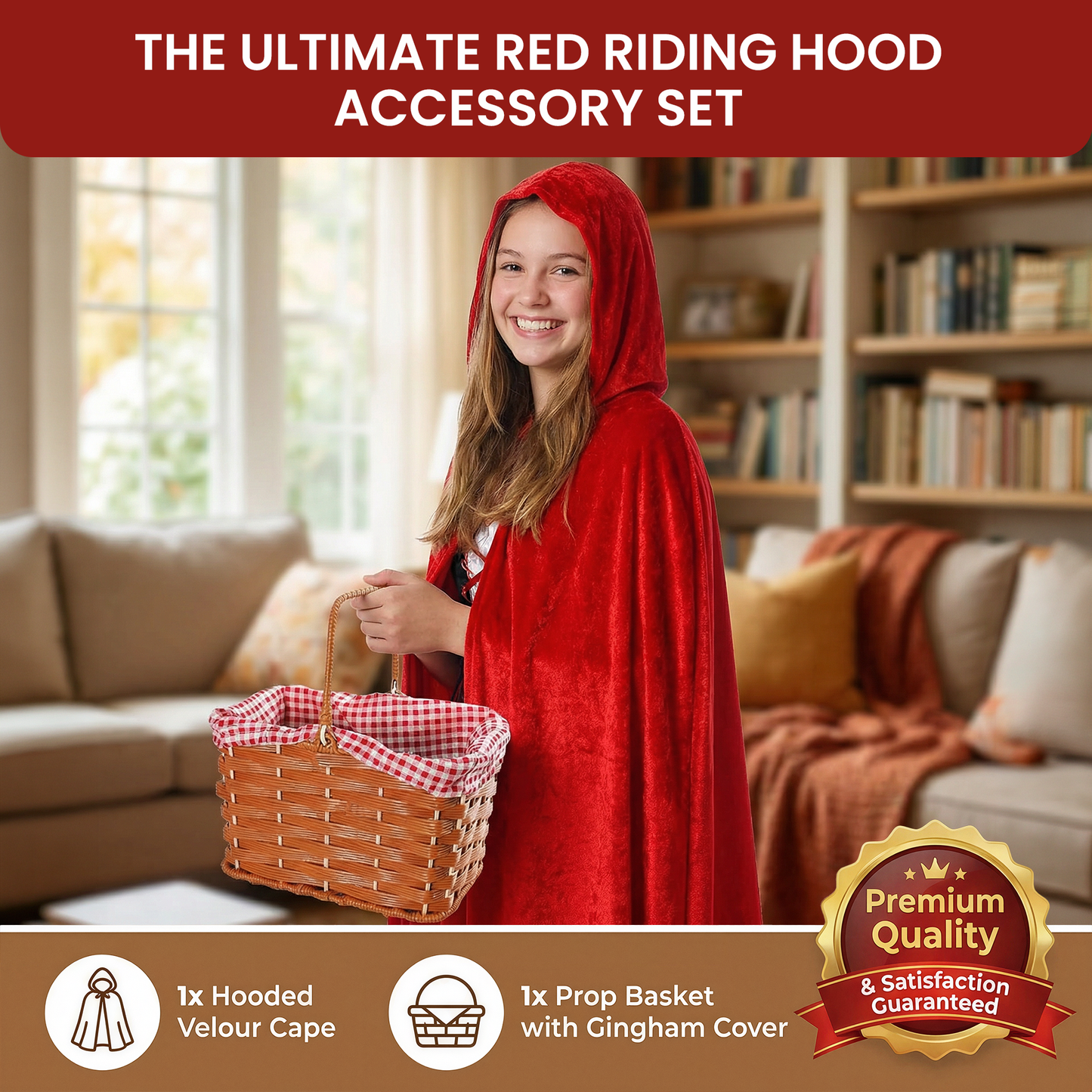 VIROSA Red Riding Hood Costume Set - Hooded Velour Cape & Picnic Basket Kids
