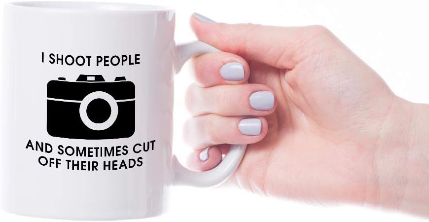 VIROSA Photographer Mug – I Shoot People and Sometimes Cut Off Their Heads – Funny Gift for Photographers, Camera Lovers – Photography Pun – 11oz White Ceramic Coffee Cup