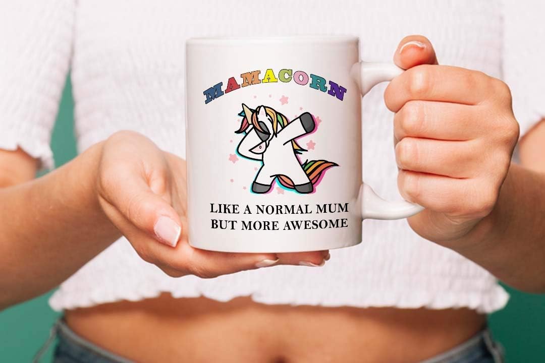 VIROSA Mamacorn Mug – Like a Normal Mum but More Awesome – Funny Gift for Mum from Daughter or Son – Mother’s Day, Birthday, Xmas Present – 11oz White Ceramic Coffee Cup