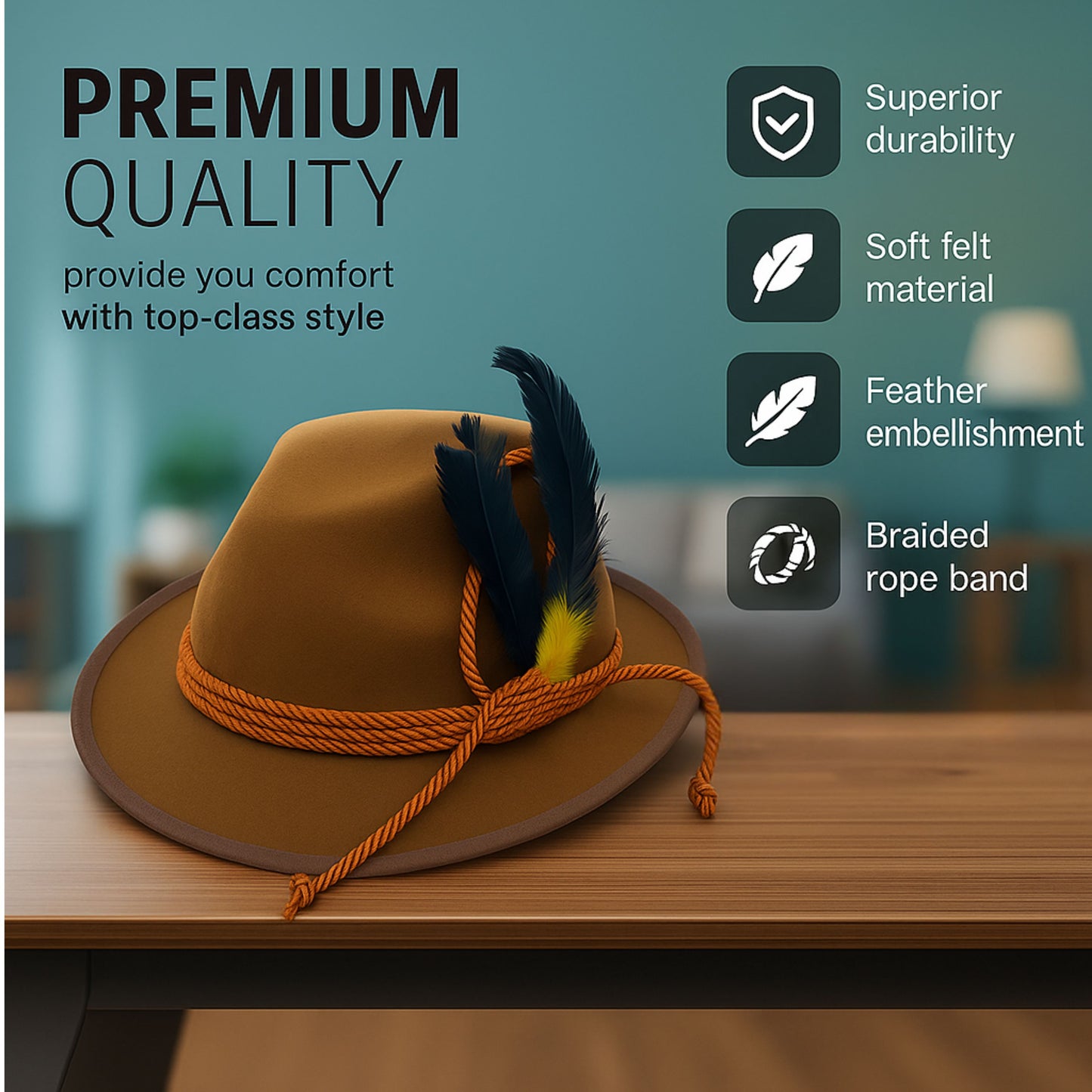 RKK Enterprise Limited Deluxe Oktoberfest Hat – Brown German Alpine Fedora with Feather – One Size – Ideal for Fancy Dress Accessory, Oktoberfest, World Book Week Outfit