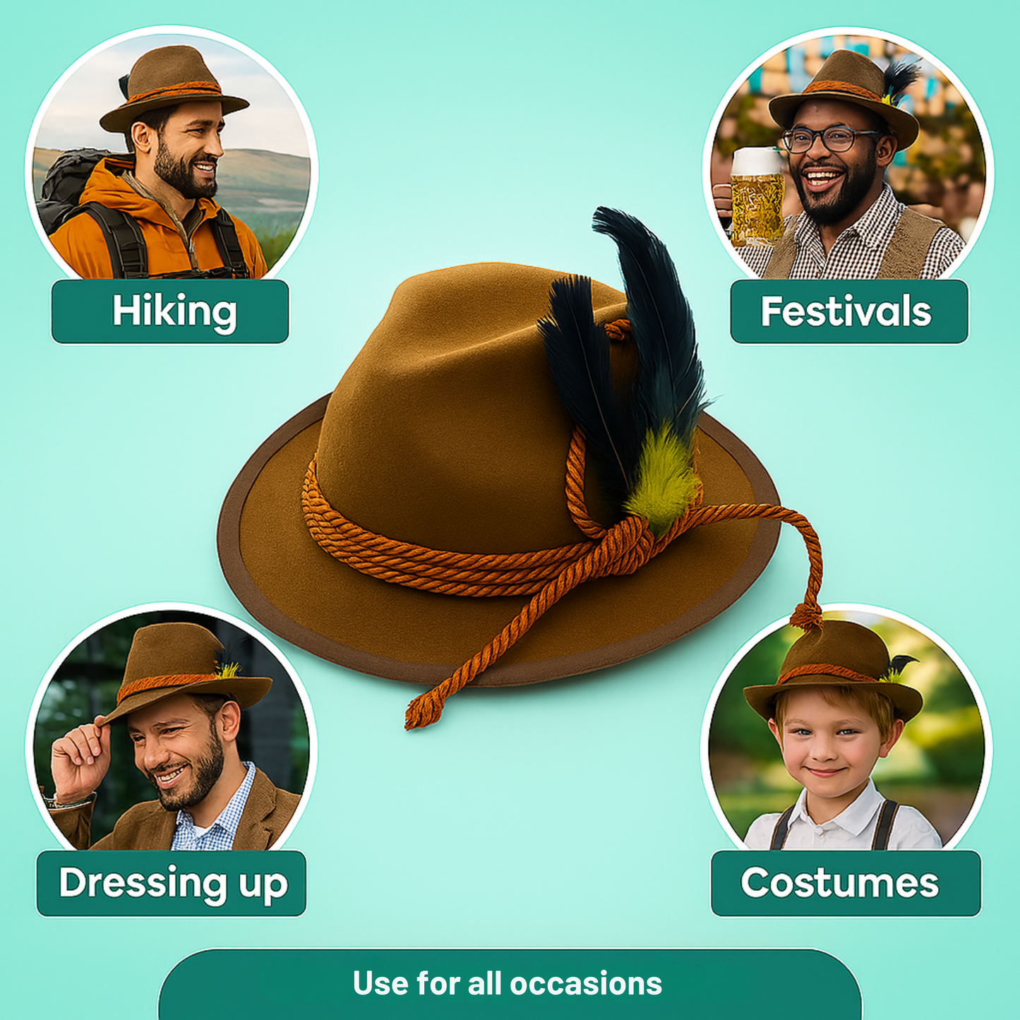 RKK Enterprise Limited Deluxe Oktoberfest Hat – Brown German Alpine Fedora with Feather – One Size – Ideal for Fancy Dress Accessory, Oktoberfest, World Book Week Outfit