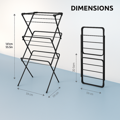 VIROSA 3 Tier Clothes Airer Drying Rack – Foldable Indoor & Outdoor Laundry Stand with Non-Slip Feet & Hanger Corners – Lightweight Space-Saving Design – 63 x 46 x 138cm – Black