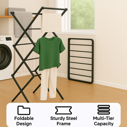 VIROSA 3 Tier Clothes Airer Drying Rack – Foldable Indoor & Outdoor Laundry Stand with Non-Slip Feet & Hanger Corners – Lightweight Space-Saving Design – 63 x 46 x 138cm – Black
