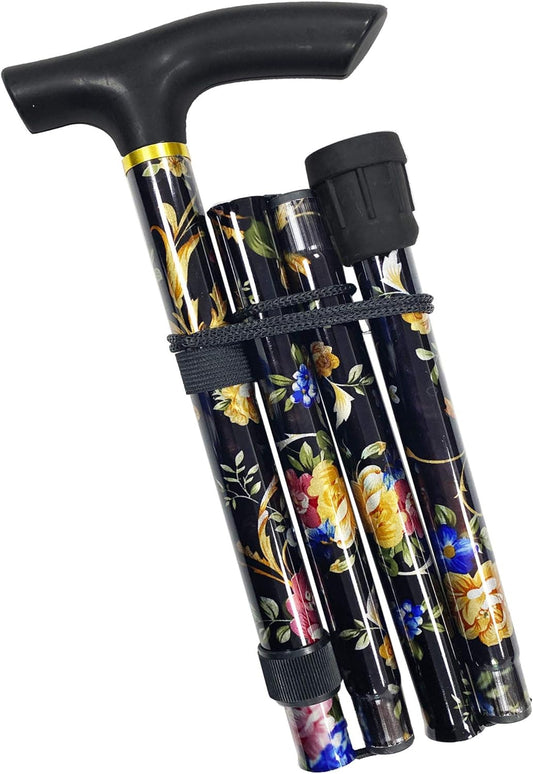 Black Floral Walking Stick - Lightweight Foldable, Extendable, Adjustable Walking Cane | Flexible and Durable | Walking Aid, Mobility Aid | Collapsible Walking Stick