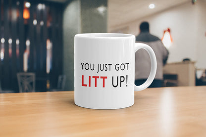 VIROSA “You Just Got Litt Up” Mug – White Ceramic Coffee Cup – Funny Office Gift for Christmas, Secret Santa, or Birthdays – 11oz
