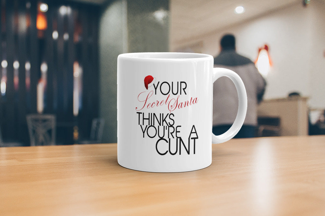 VIROSA Rude Secret Santa Mug – Your Secret Santa Thinks You’re a C*NT – Funny Office Gift for Coworkers, Friends, Him or Her – 11oz White Ceramic Coffee Cup – Sarcastic Xmas Present
