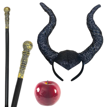 VIROSA Evil Witch 3-Piece Costume Set – Includes Black Queen Horns, Red Apple & Staff | Halloween, Fancy Dress & World Book Day Outfit