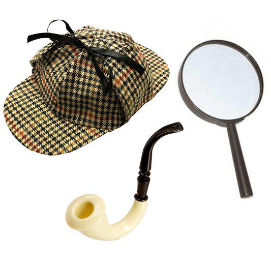 VIROSA Sherlock Holmes Fancy Dress 3pc Accessory Set – Deerstalker Hat + Magnifying Glass + Victorian Style Pipe – Detective Costume Kit for Adults or Kids
