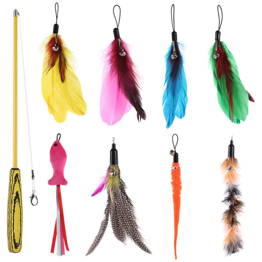 VIROSA Cat Feather Toys – Retractable Teaser Wand with 8 Refills & 2 Spare Hooks – Interactive Toy for Indoor Cats & Kittens – Fun Exercise, Hunting Play & Bonding Activity