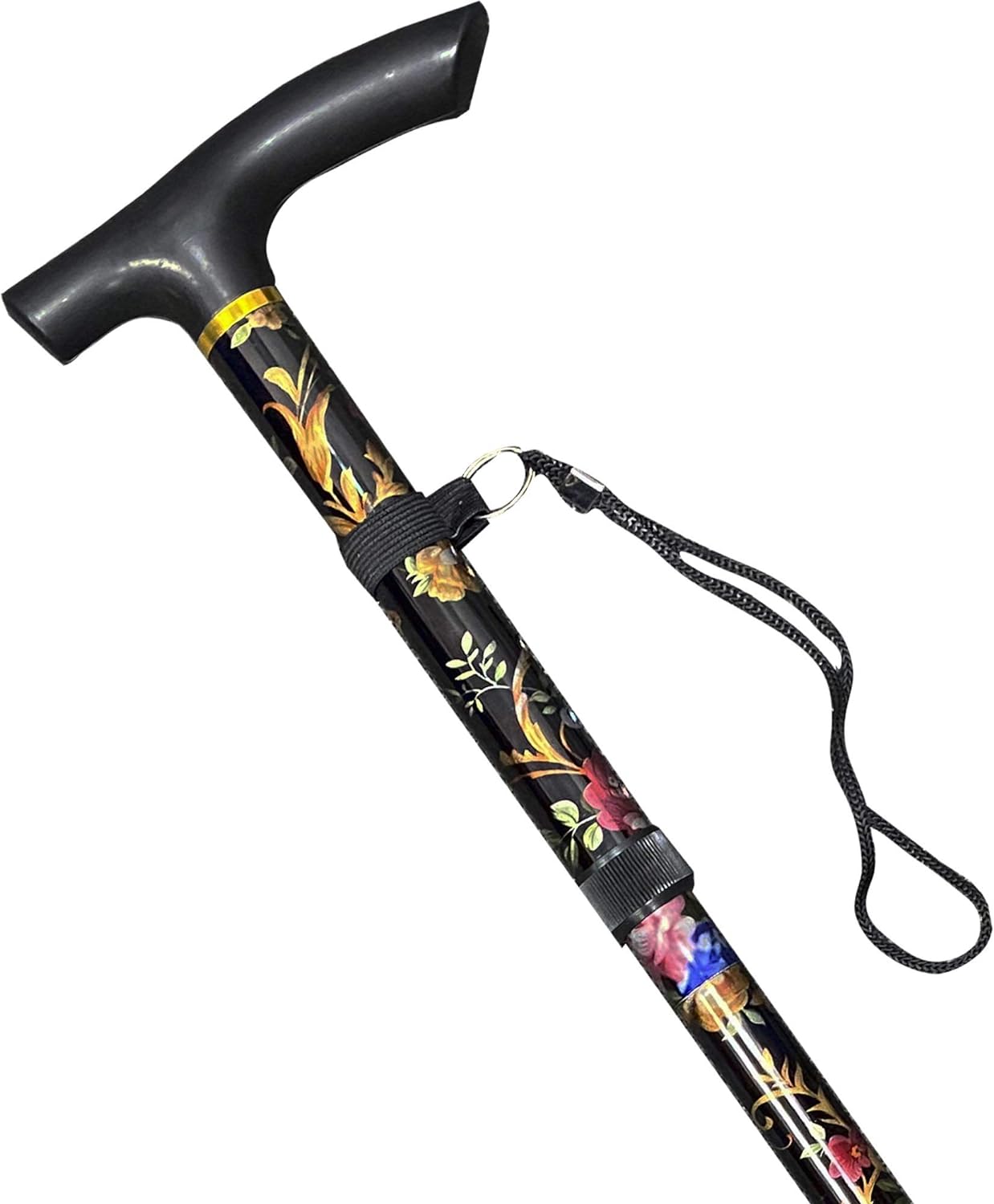 Black Floral Walking Stick - Lightweight Foldable, Extendable, Adjustable Walking Cane | Flexible and Durable | Walking Aid, Mobility Aid | Collapsible Walking Stick