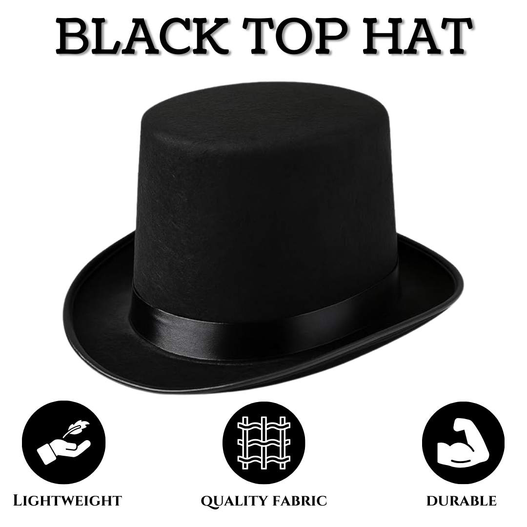 VIROSA Victorian Black Top Hat – Classic Fancy Dress Hat for Adults & Kids – Gentleman Costume Accessory for Parties, Halloween, Theatre & Role Play
