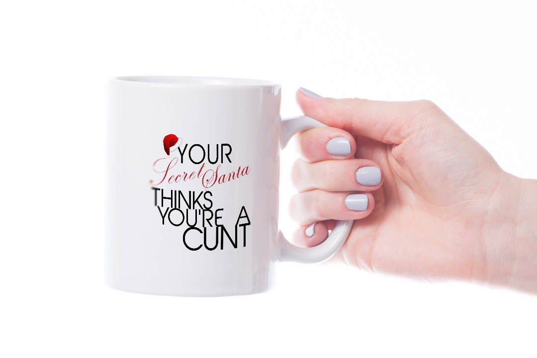 VIROSA Rude Secret Santa Mug – Your Secret Santa Thinks You’re a C*NT – Funny Office Gift for Coworkers, Friends, Him or Her – 11oz White Ceramic Coffee Cup – Sarcastic Xmas Present