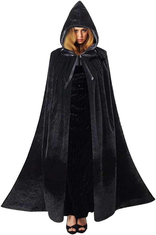 Unisex Value Black Velvet Style Hooded Cape - Adult/Kids Fancy Dress Costume for Halloween and Parties