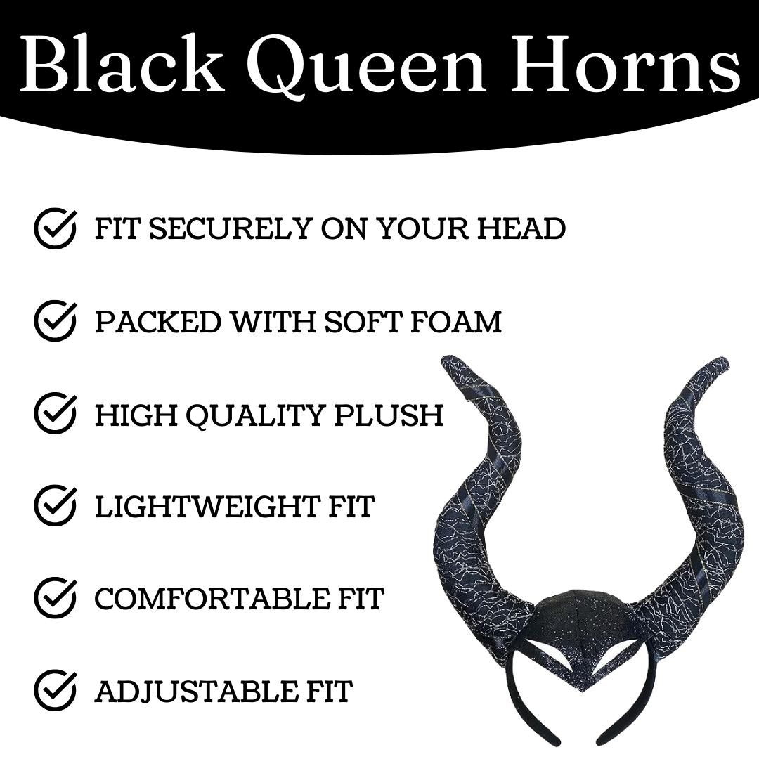 VIROSA Evil Witch 3-Piece Costume Set – Includes Black Queen Horns, Red Apple & Staff | Halloween, Fancy Dress & World Book Day Outfit