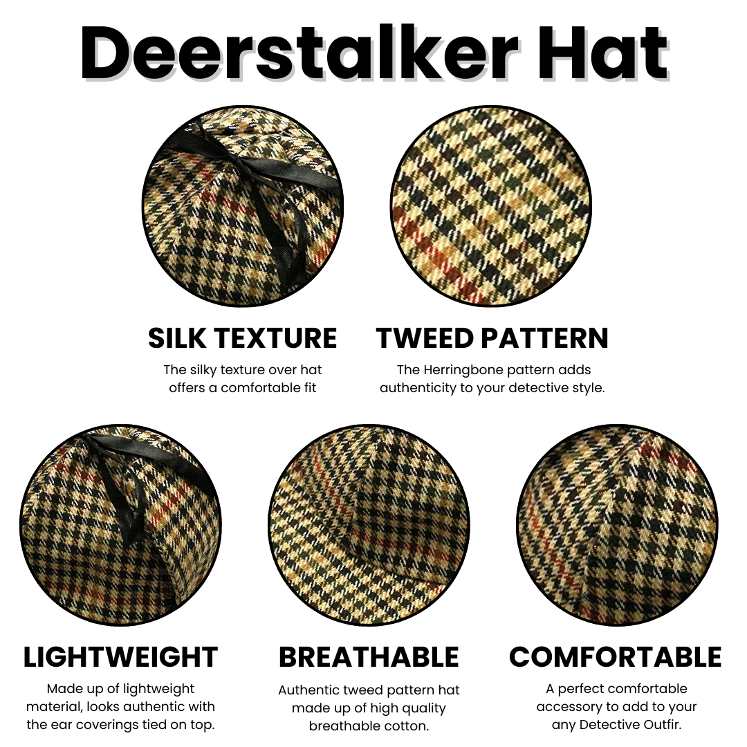 VIROSA Sherlock Holmes Fancy Dress 3pc Accessory Set – Deerstalker Hat + Magnifying Glass + Victorian Style Pipe – Detective Costume Kit for Adults or Kids