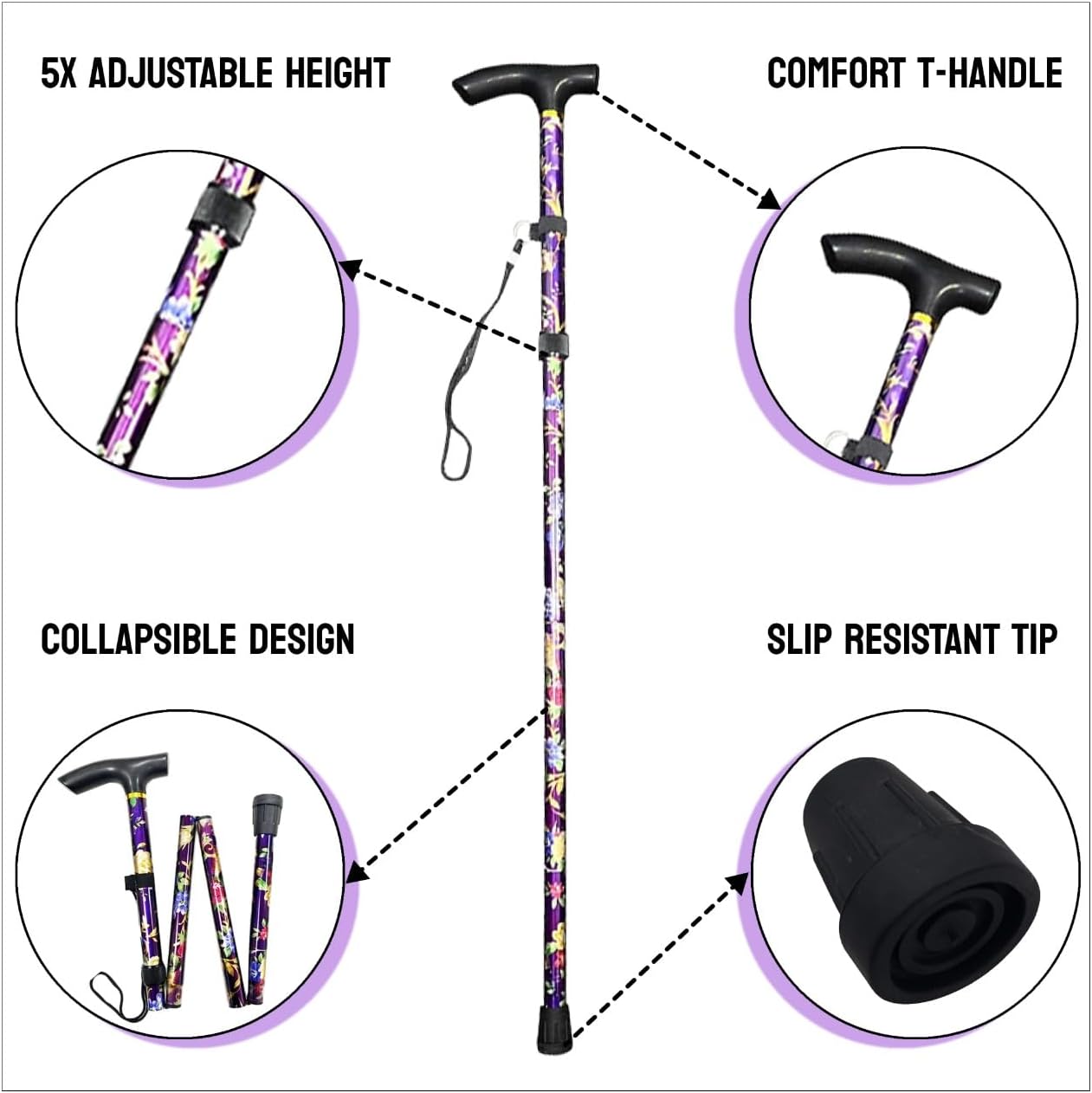 Floral Walking Stick - Lightweight, Foldable, Extendable, Adjustable Walking Cane | Flexible, Durable | Walking Aid, Mobility Aid | Collapsible