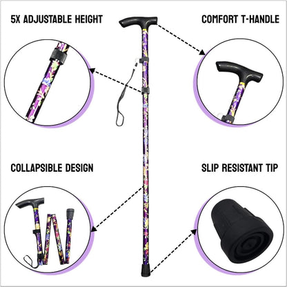 Floral Walking Stick - Lightweight, Foldable, Extendable, Adjustable Walking Cane | Flexible, Durable | Walking Aid, Mobility Aid | Collapsible