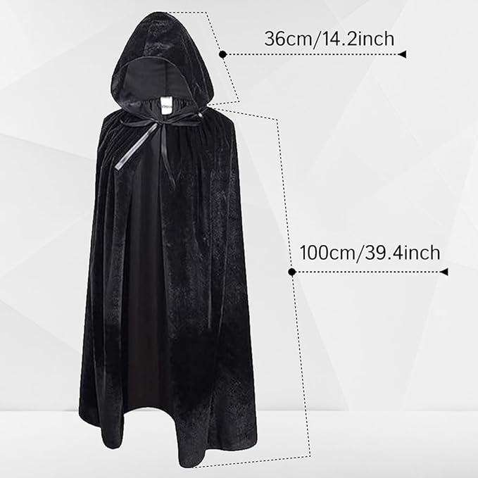 Unisex Value Black Velvet Style Hooded Cape - Adult/Kids Fancy Dress Costume for Halloween and Parties