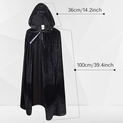 Unisex Value Black Velvet Style Hooded Cape - Adult/Kids Fancy Dress Costume for Halloween and Parties