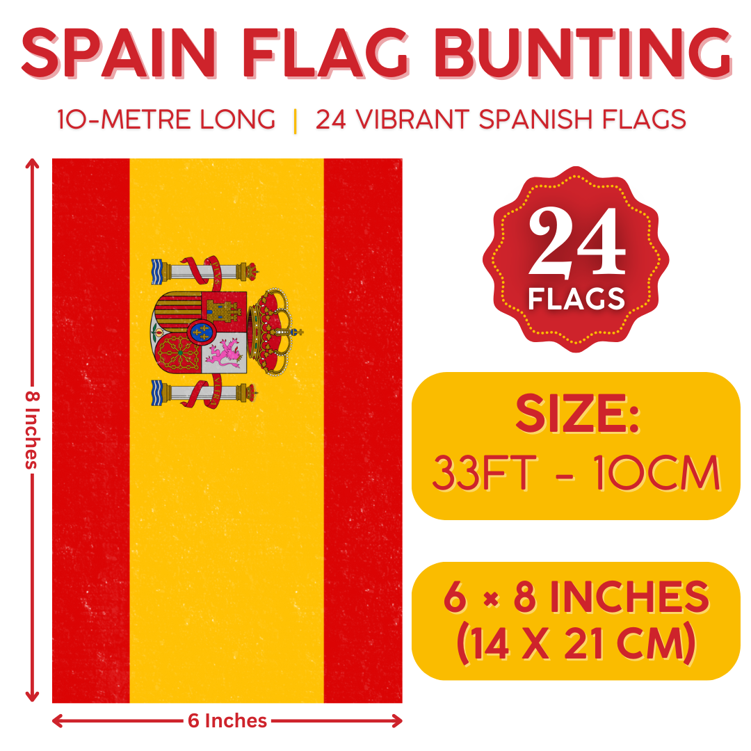 VIROSA Spain Flag Bunting – 10m / 33ft with 24 Flags – Durable Patriotic Decoration for Euro, World Cup, Festivals & Spanish National Celebrations
