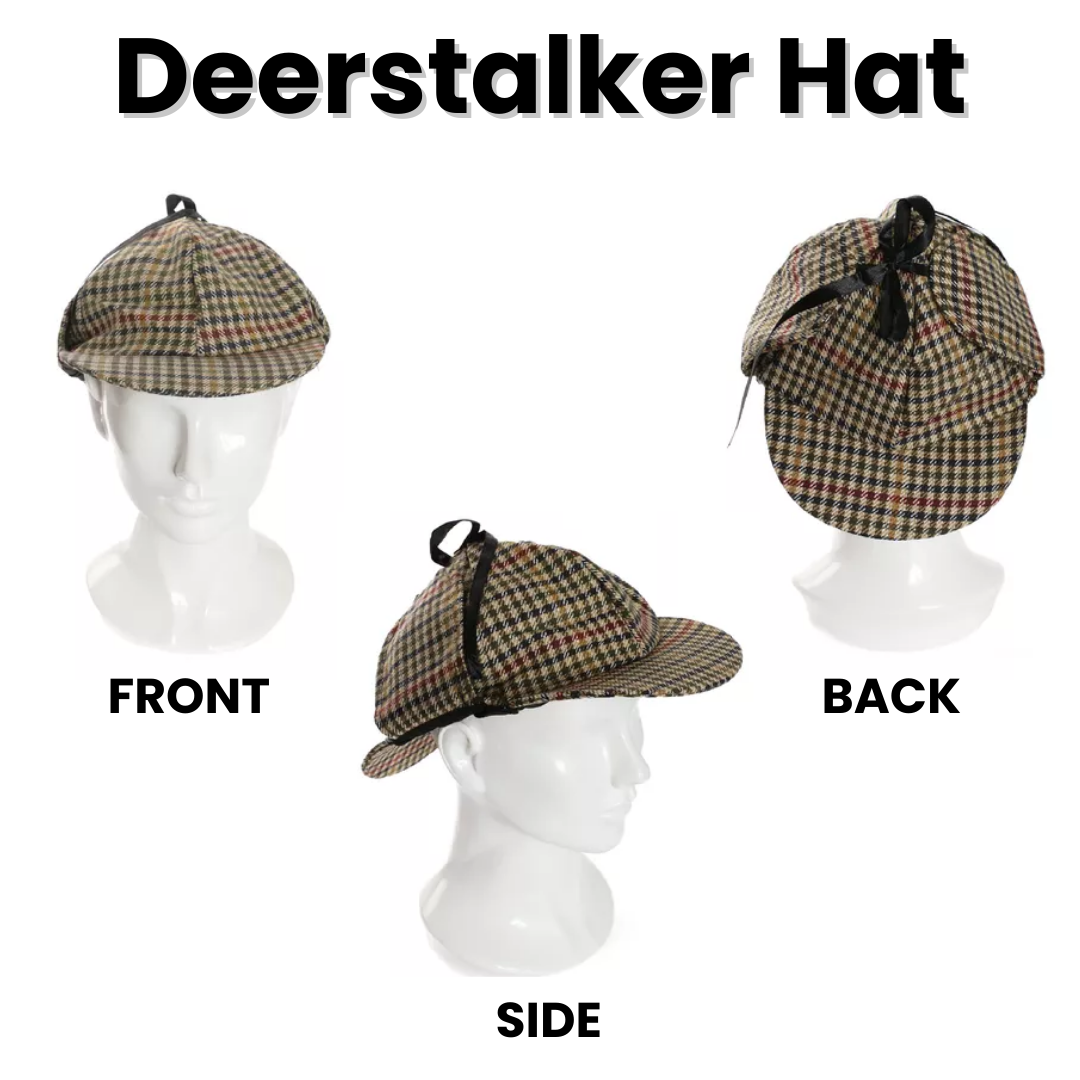 VIROSA Sherlock Holmes Fancy Dress 3pc Accessory Set – Deerstalker Hat + Magnifying Glass + Victorian Style Pipe – Detective Costume Kit for Adults or Kids