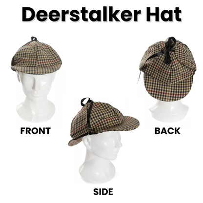 VIROSA Sherlock Holmes Fancy Dress 3pc Accessory Set – Deerstalker Hat + Magnifying Glass + Victorian Style Pipe – Detective Costume Kit for Adults or Kids