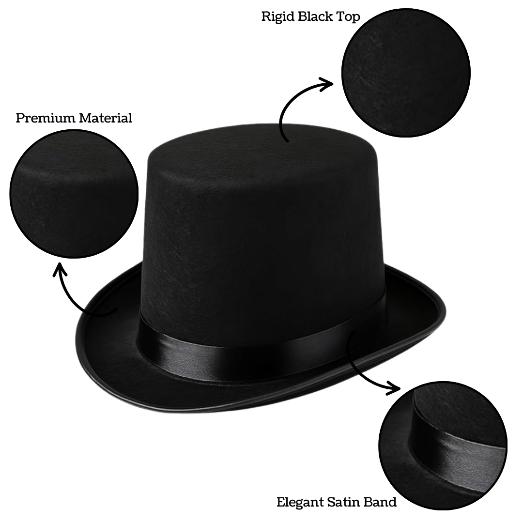 VIROSA Victorian Black Top Hat – Classic Fancy Dress Hat for Adults & Kids – Gentleman Costume Accessory for Parties, Halloween, Theatre & Role Play