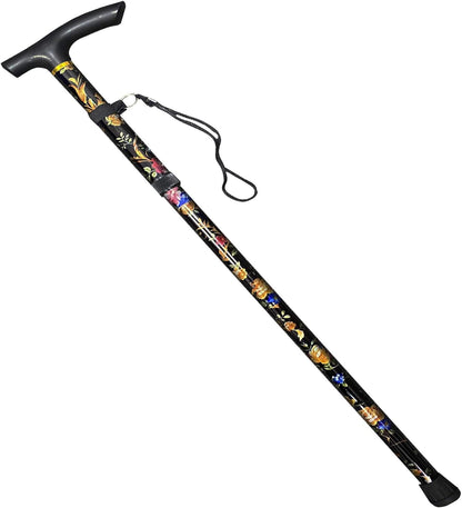 Black Floral Walking Stick - Lightweight Foldable, Extendable, Adjustable Walking Cane | Flexible and Durable | Walking Aid, Mobility Aid | Collapsible Walking Stick
