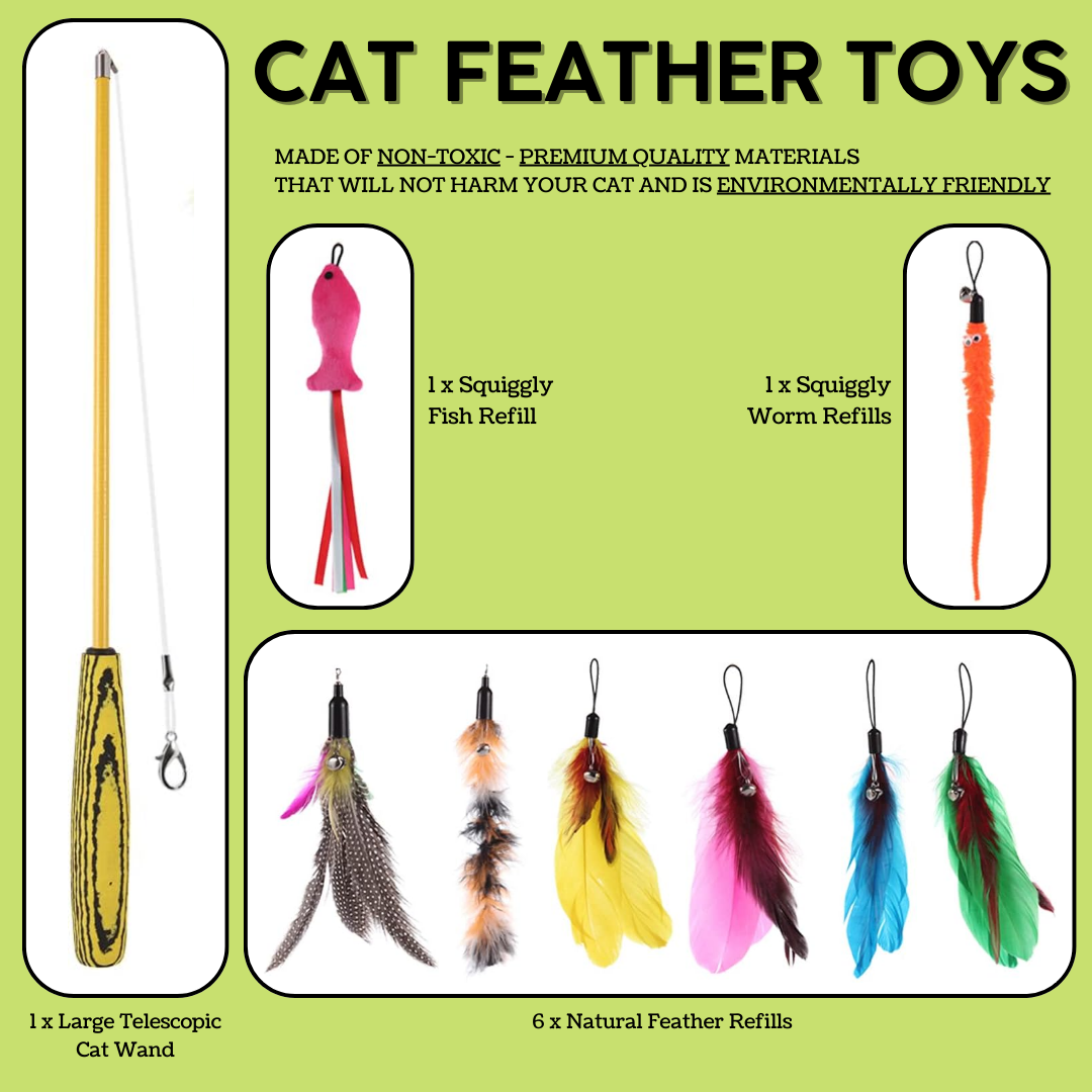 VIROSA Cat Feather Toys – Retractable Teaser Wand with 8 Refills & 2 Spare Hooks – Interactive Toy for Indoor Cats & Kittens – Fun Exercise, Hunting Play & Bonding Activity