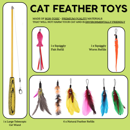 VIROSA Cat Feather Toys – Retractable Teaser Wand with 8 Refills & 2 Spare Hooks – Interactive Toy for Indoor Cats & Kittens – Fun Exercise, Hunting Play & Bonding Activity