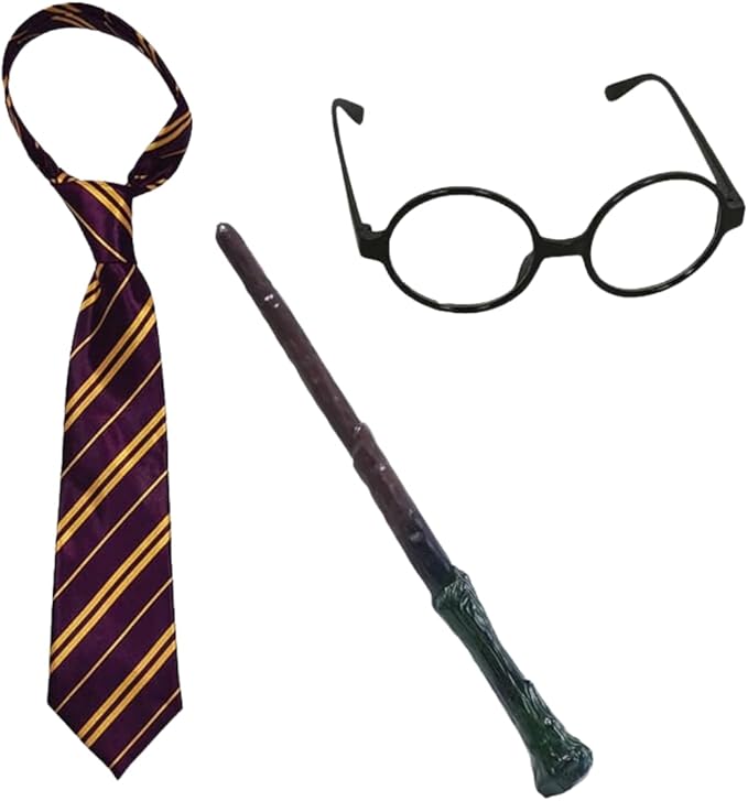 4PC Wizard Cape School Boy Fancy Dress Costume Accessory | Includes Tie, Glasses, Wizard Wand, Black Cape