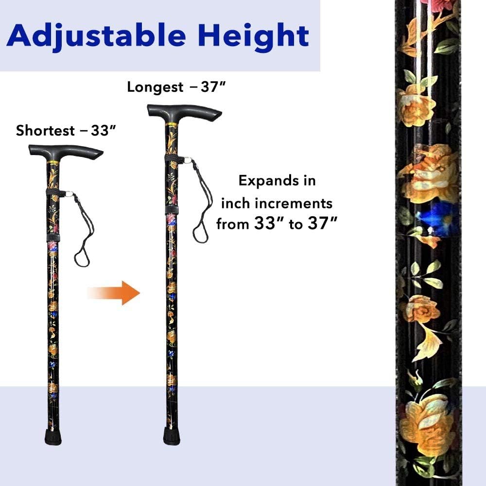 Black Floral Walking Stick - Lightweight Foldable, Extendable, Adjustable Walking Cane | Flexible and Durable | Walking Aid, Mobility Aid | Collapsible Walking Stick