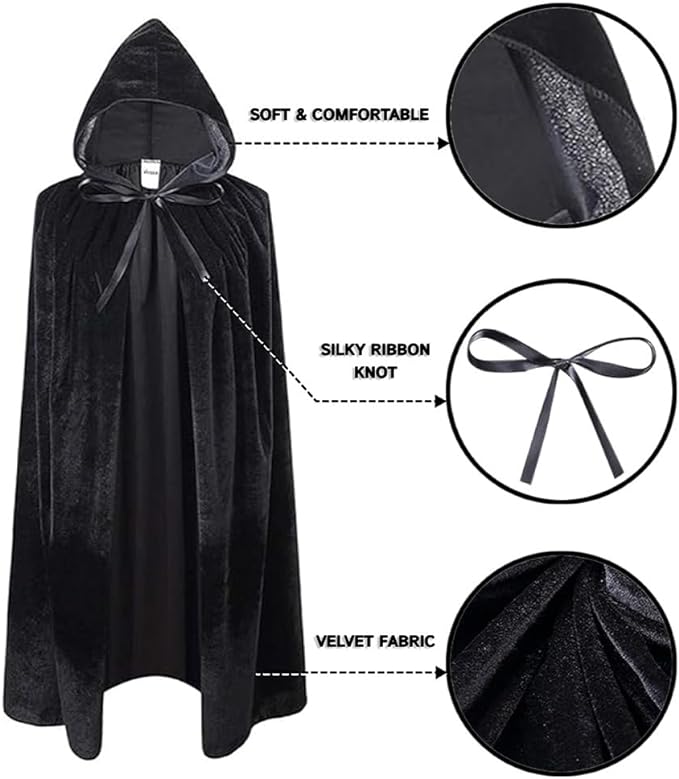 Unisex Value Black Velvet Style Hooded Cape - Adult/Kids Fancy Dress Costume for Halloween and Parties