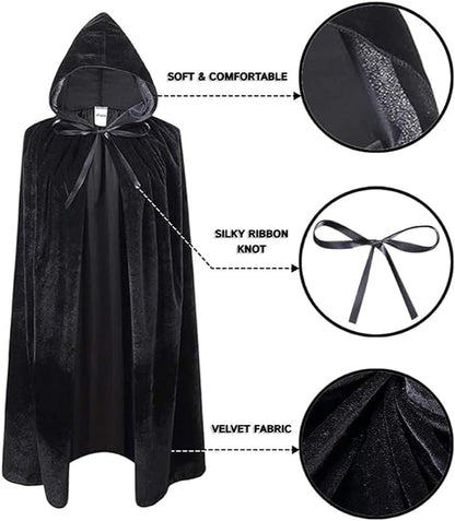 Unisex Value Black Velvet Style Hooded Cape - Adult/Kids Fancy Dress Costume for Halloween and Parties